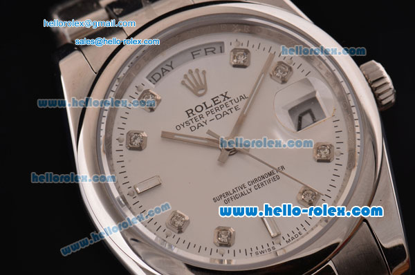 Rolex Day-Date Asia 2813 Automatic Steel Case/Strap with Silver Dial and Diamond Markers - Click Image to Close